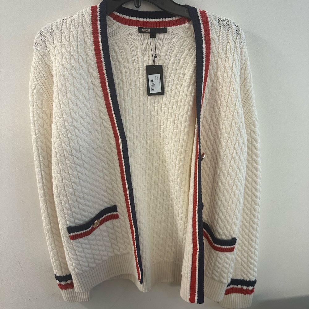 Maje Cream Cardigan with Red and Black Trim